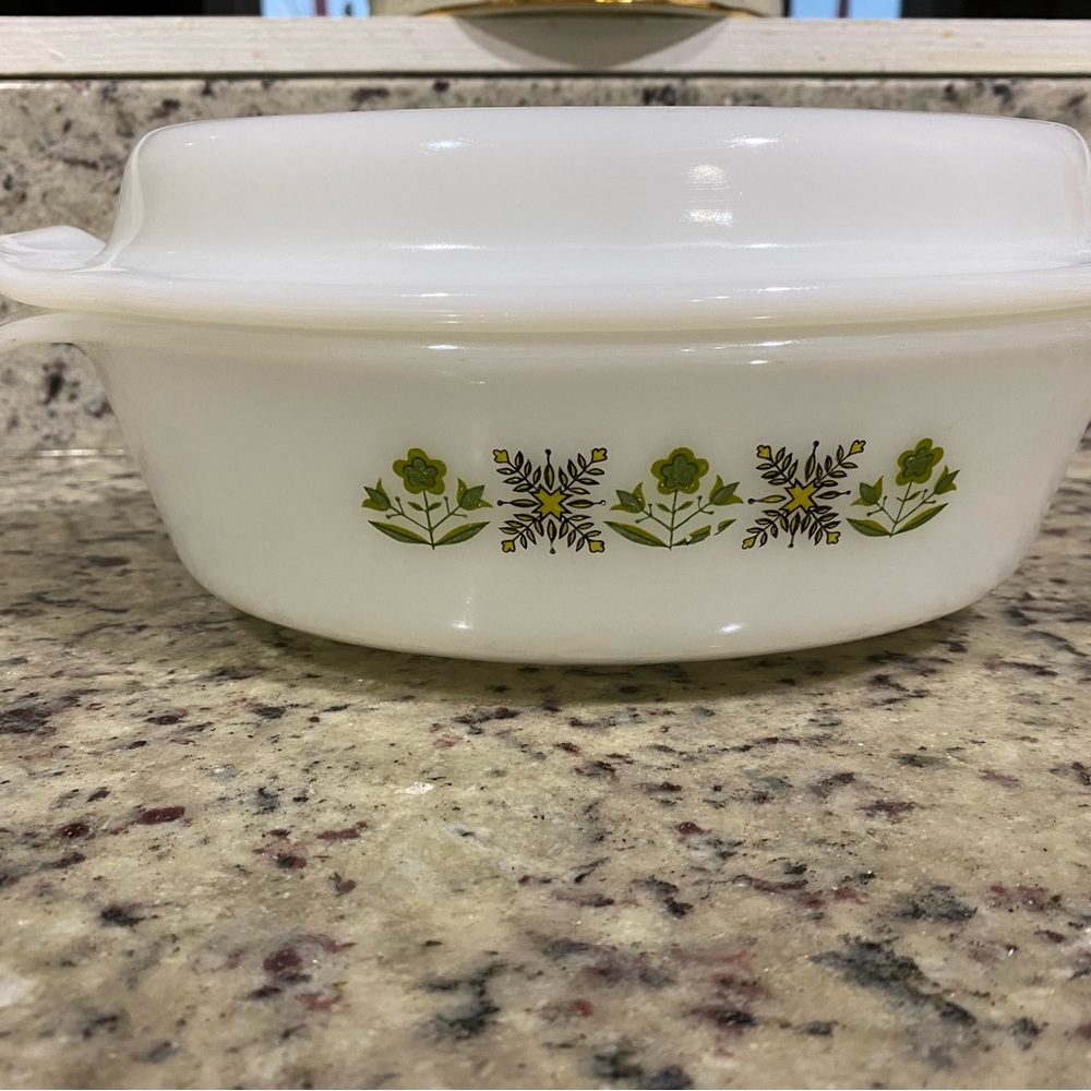Fire King White Casserole Dish with Green Floral Design